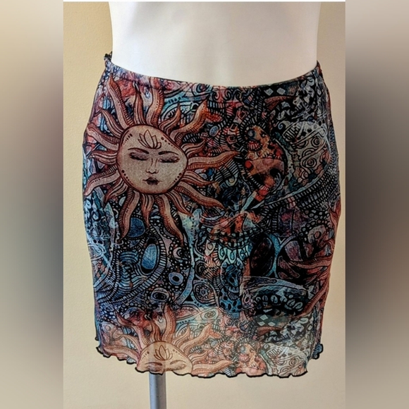 Unbranded~Celestial Sun Orange Blue Lightweight Whimsigoth Lined Mini Skirt - Picture 9 of 11